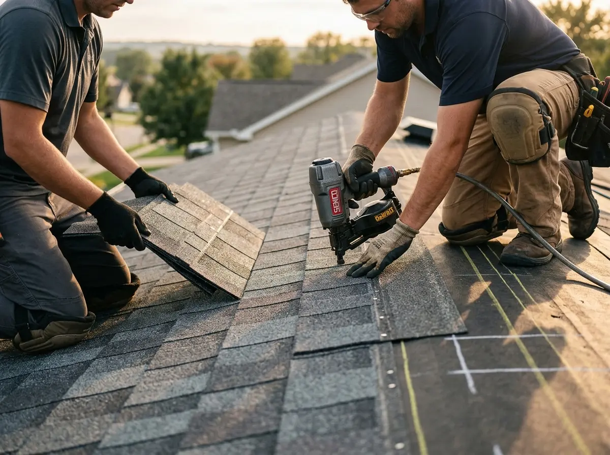 Professional roofer working on a residential roof in Garwood